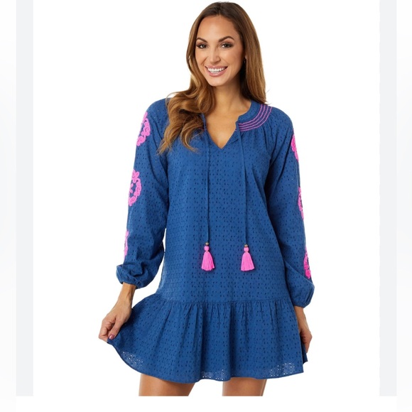 Lily Pulitzer Lucee Navy & Pink Boho Eyelet Dress Medium - Picture 1 of 6